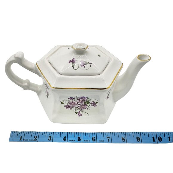 Vtg Kernewek Teapot w Lid English Bone China Hexagonal White w Purple Florals - Picture 9 of 9
